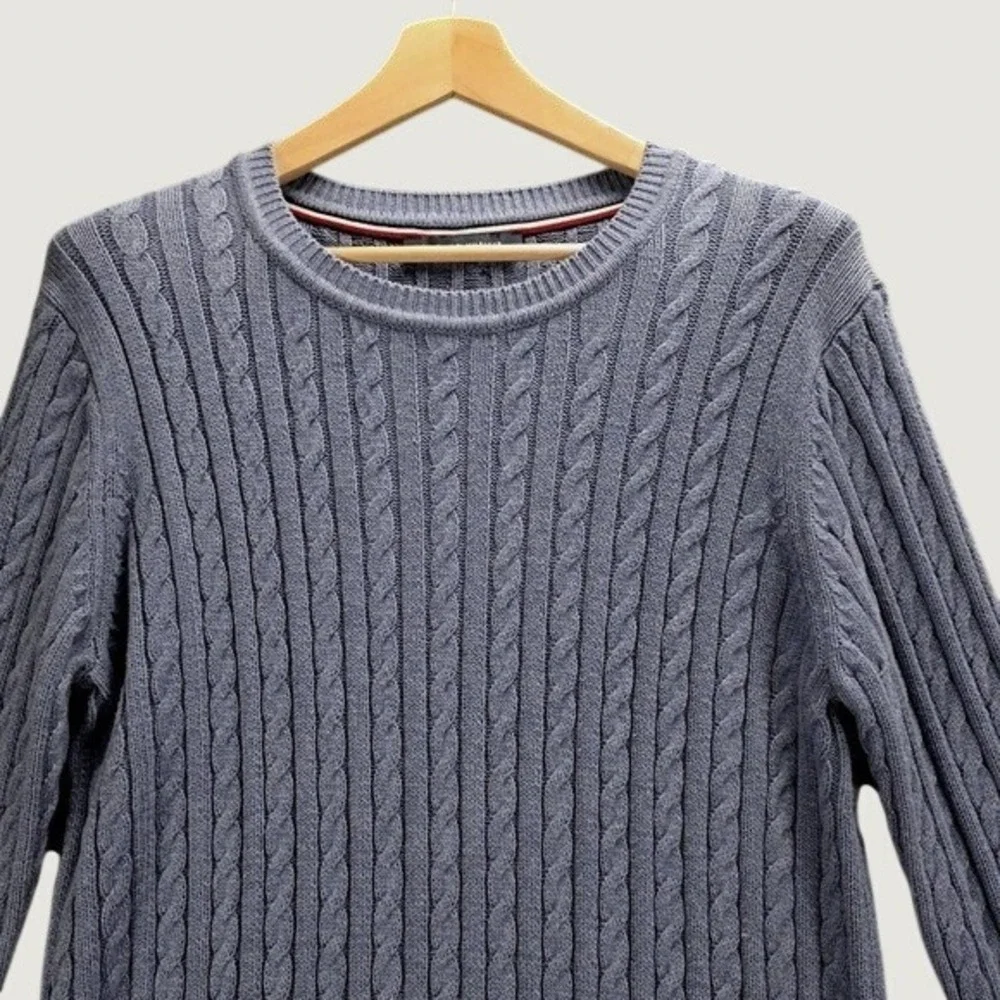 Tommy Hilfiger Womens Light Blue 100%Cotton Cable Knit Crew Neck Sweater
